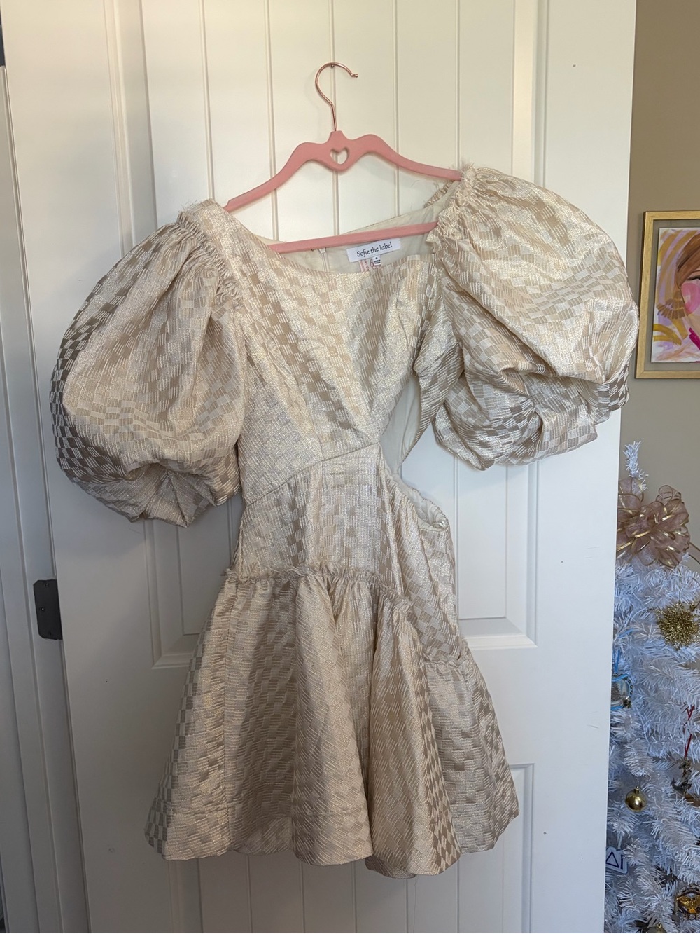 checkered puff sleeve dress